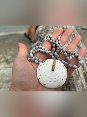 Vintage Artisan Job’s Tears Seed & Natural Shell Mala Necklace Reversible Boho